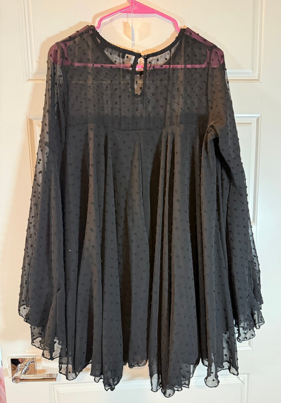 WOWO Black Sheer Polka Dot Dress with Flared Sleeves